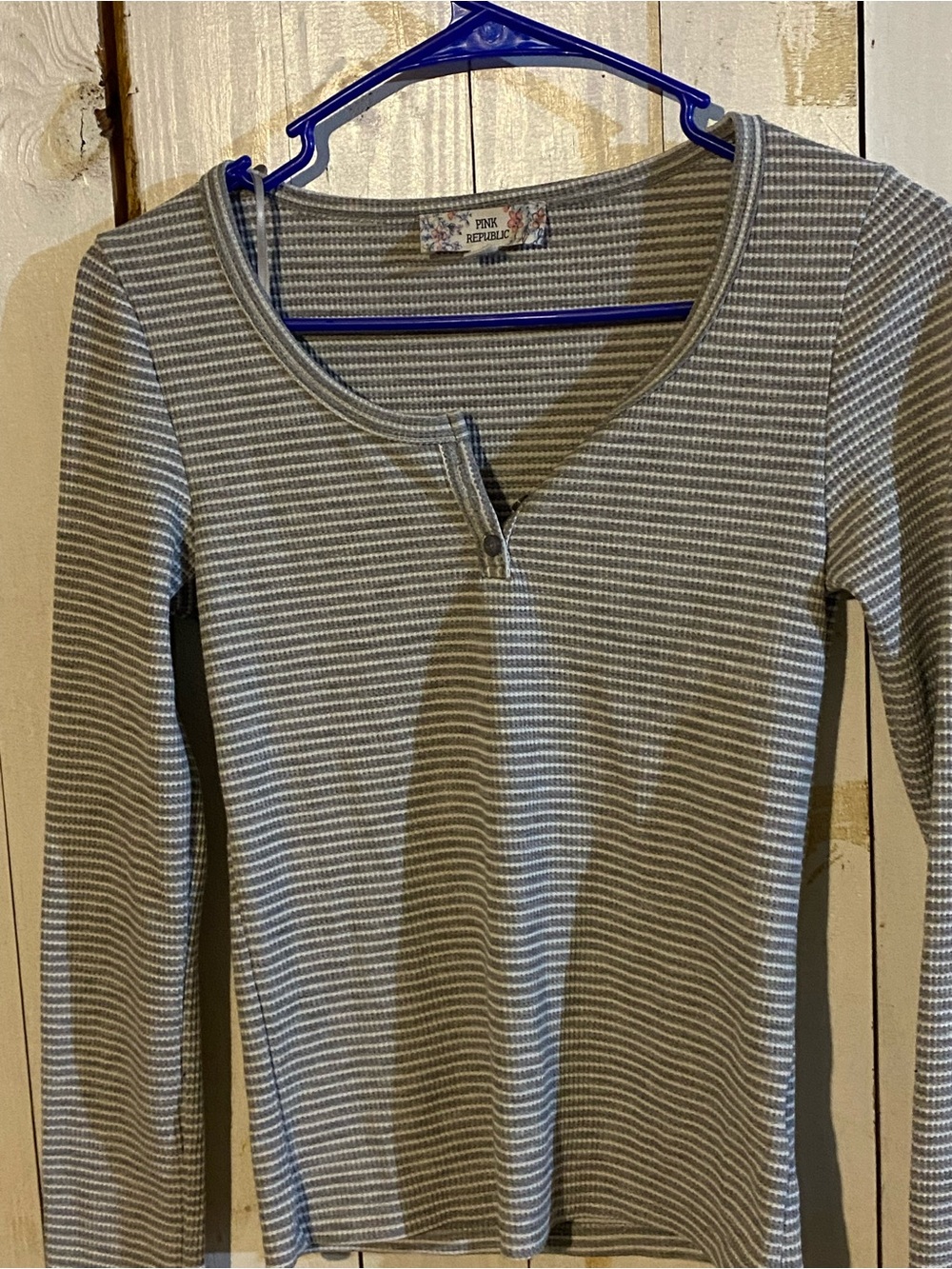 Pink Republic Gray & White Striped Ribbed Henley Top